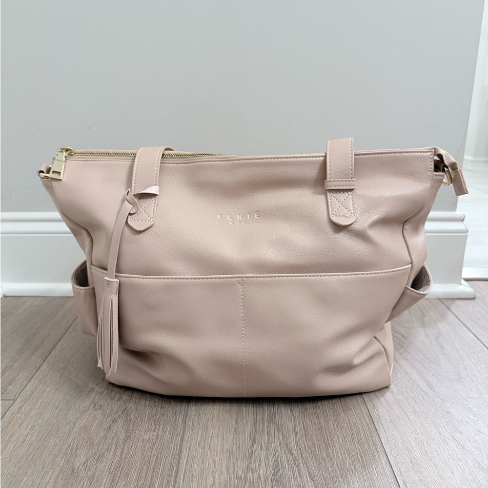 Elkie & Co Aberdeen Blush Tote Diaper Bag w/ Strap, Pouch & Pinstripe Interior